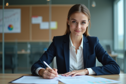 Femme professionnelle en réunion de prêt immobilier