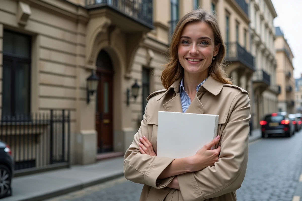 Jeune femme avec documents devant un bâtiment restauré