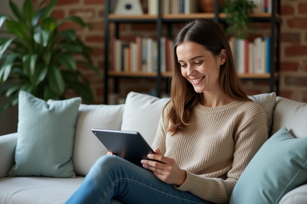 Femme détendue utilisant une tablette pour gérer son appartement