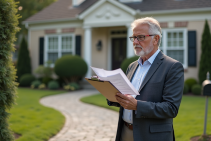 Homme d'âge moyen examinant des documents devant une maison de banlieue