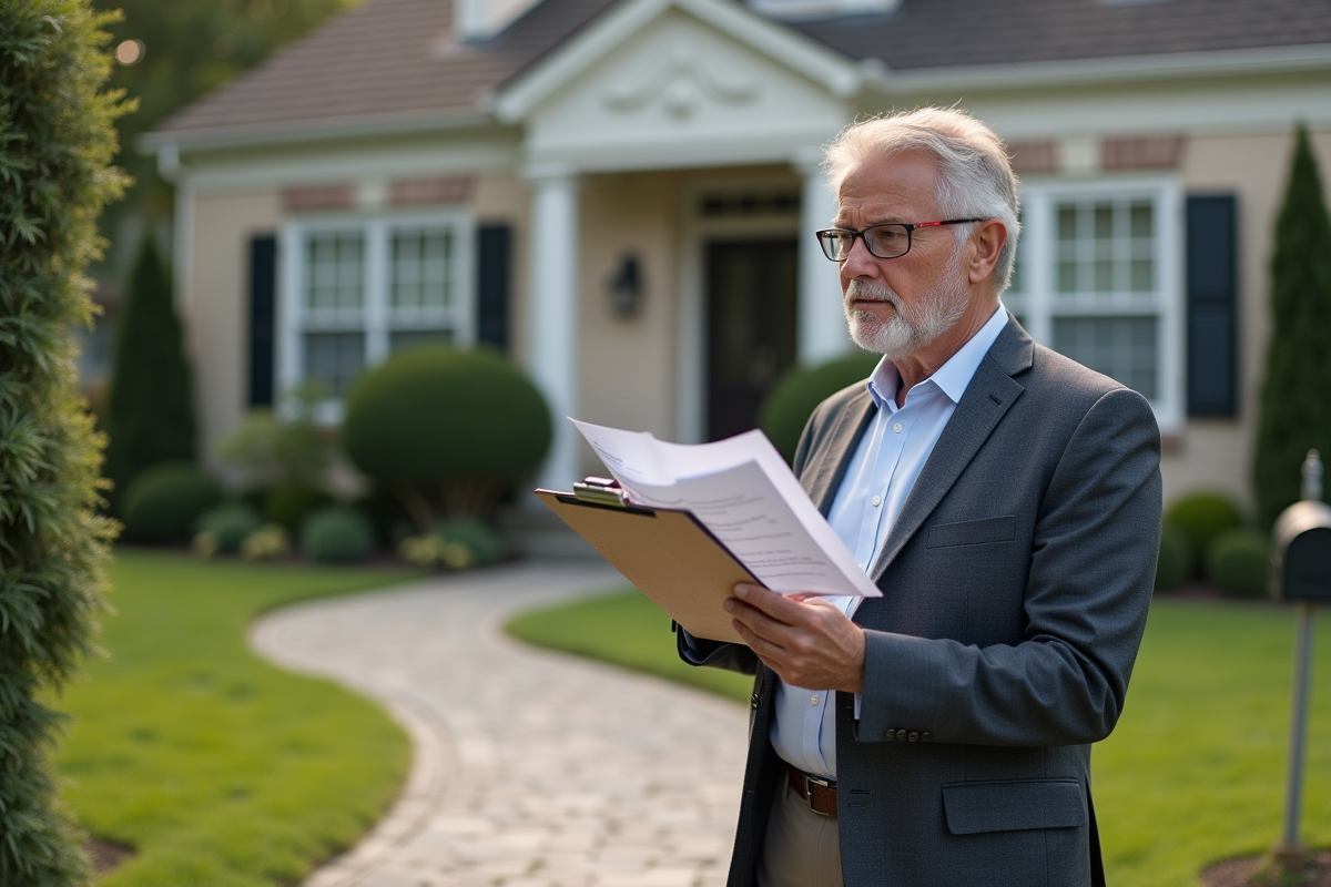 Homme d'âge moyen examinant des documents devant une maison de banlieue
