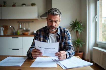 Homme d'âge moyen examinant des papiers sur la taxe logement vacant