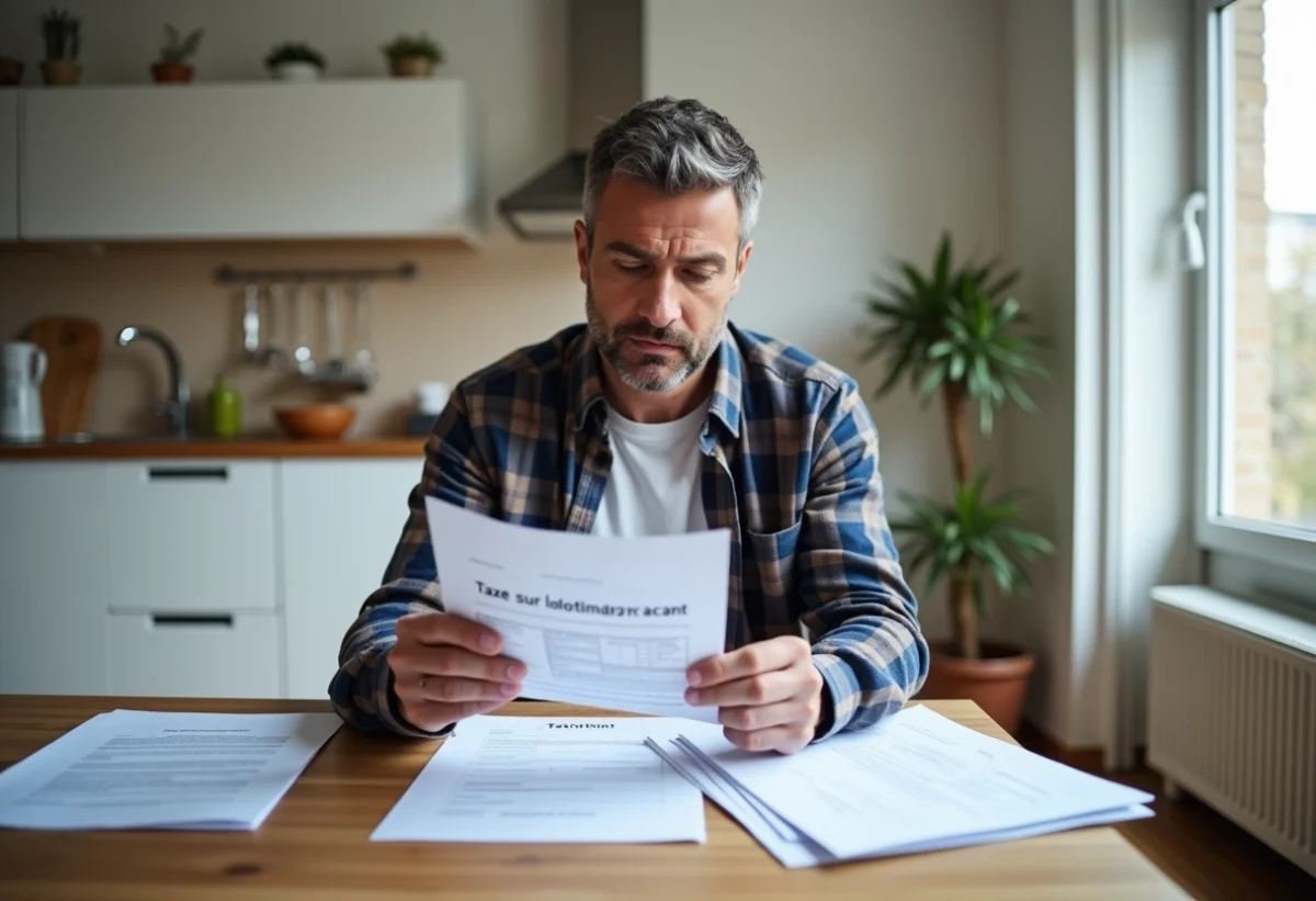 Homme d'âge moyen examinant des papiers sur la taxe logement vacant