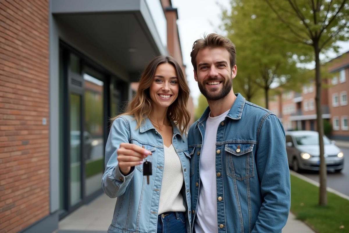 Jeune couple français souriant devant un immeuble rénové