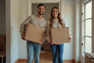 Jeune couple souriant avec cartons dans l'entrée