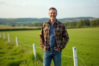 Homme souriant dans un champ d'un acre marqué