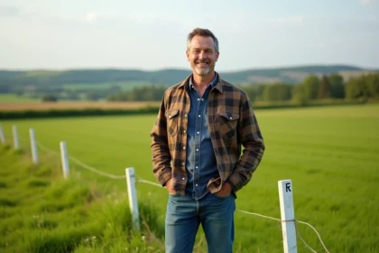Homme souriant dans un champ d'un acre marqué