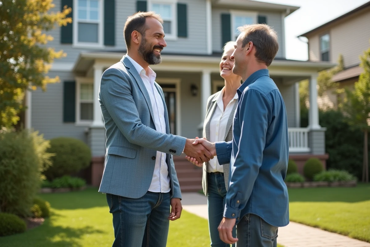 Couple souriant devant une maison en suburbia