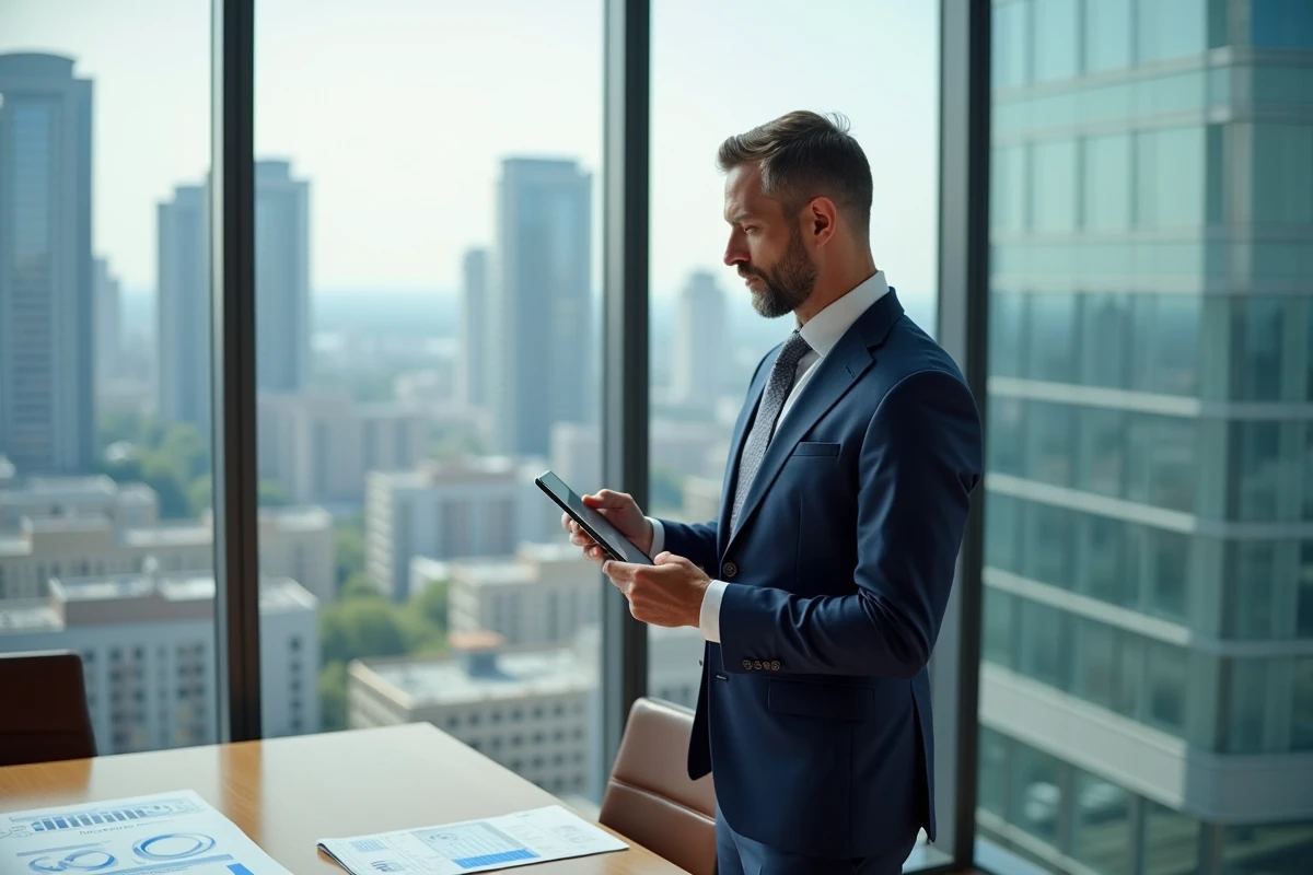 Agent immobilier en costume tenant une tablette