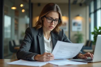 Femme d'affaires examinant des documents immobiliers