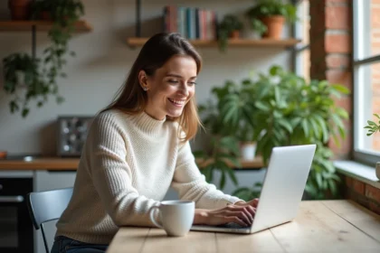 Femme souriante dans une cuisine lumineuse avec ordinateur portable