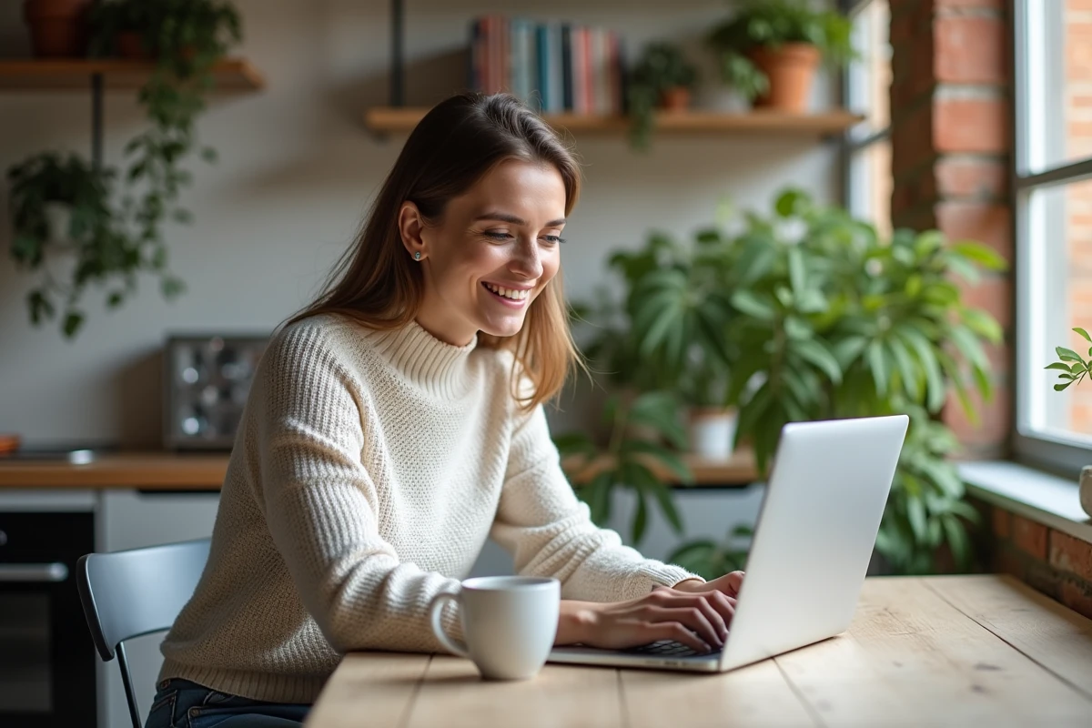 Femme souriante dans une cuisine lumineuse avec ordinateur portable