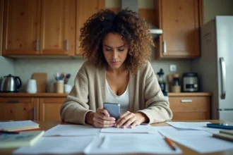 Femme concentrée remplissant des formulaires gouvernementaux