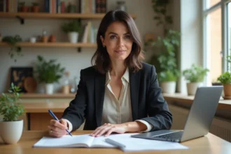 Femme d'affaires lisant des documents dans une cuisine moderne