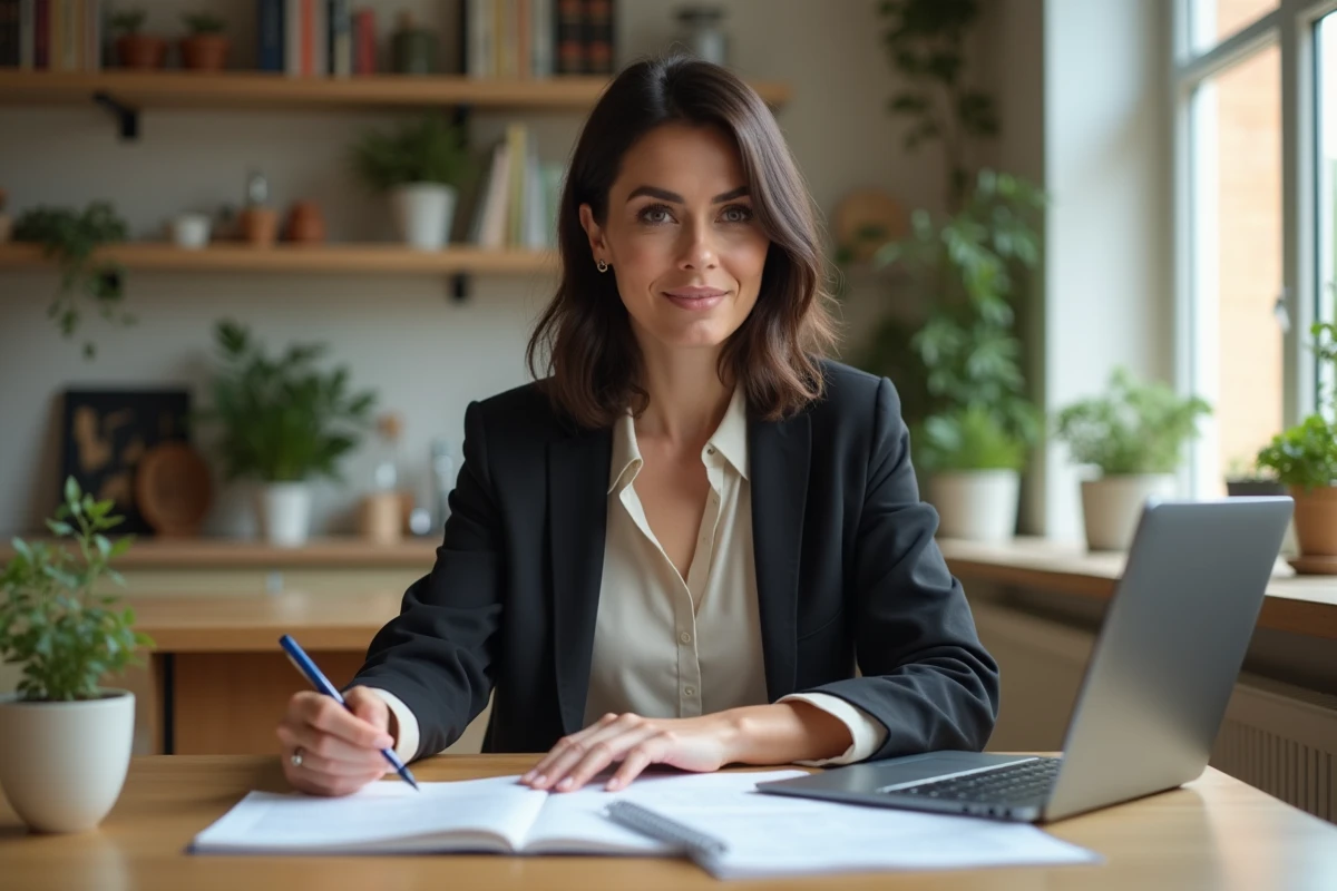 Femme d'affaires lisant des documents dans une cuisine moderne