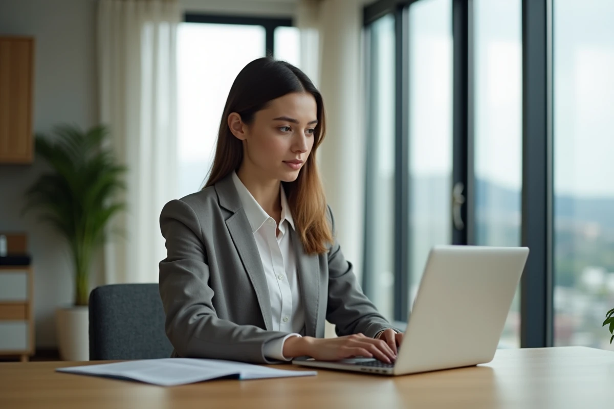 Jeune femme en blazer regardant listings location appartement