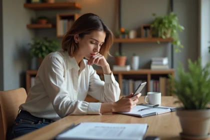 Femme pensive regardant son smartphone dans un appartement moderne