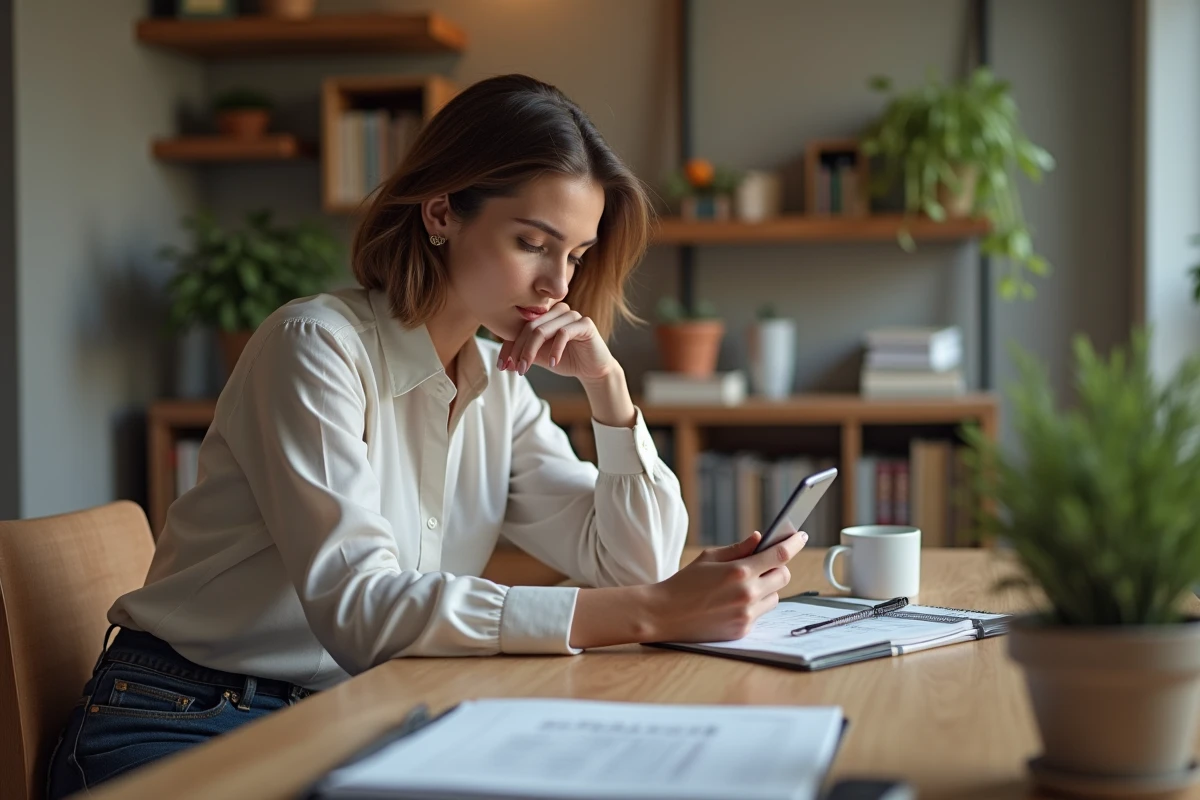 Femme pensive regardant son smartphone dans un appartement moderne
