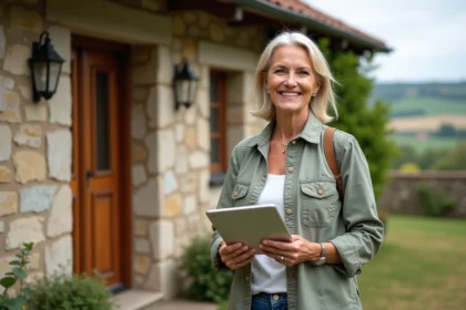 Femme souriante avec tablette devant une maison rurale restaurée