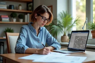 Femme en bureau d'urbanisme regardant une carte