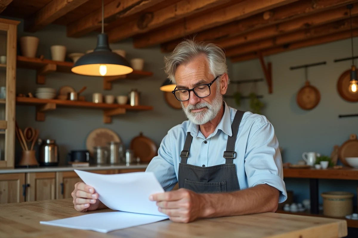 Homme âgé examinant un formulaire dans une cuisine rustique