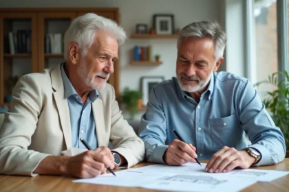 Couple mature examine documents immobiliers à la maison