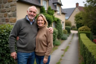 Couple souriant devant maison en pierre en SeineMaritime