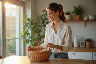Femme souriante déposant un panier dans une cuisine lumineuse