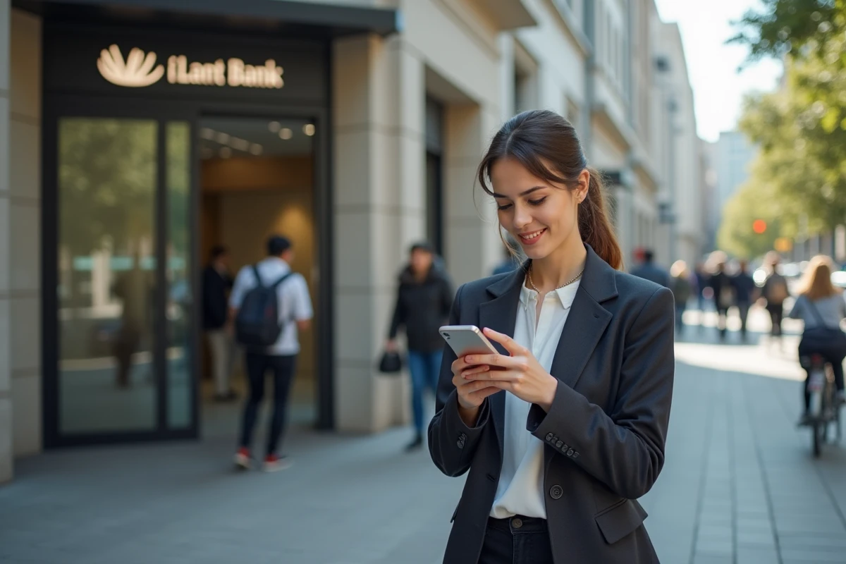 Jeune femme vérifie messages sur smartphone devant banque