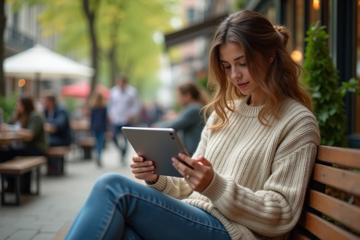 Jeune femme consultant un simulateur de prix immobilier en extérieur