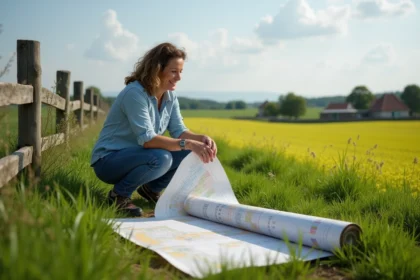 Femme en jeans déployant une carte dans un paysage rural