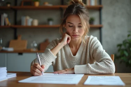 Femme examinant un contrat de location dans un appartement moderne