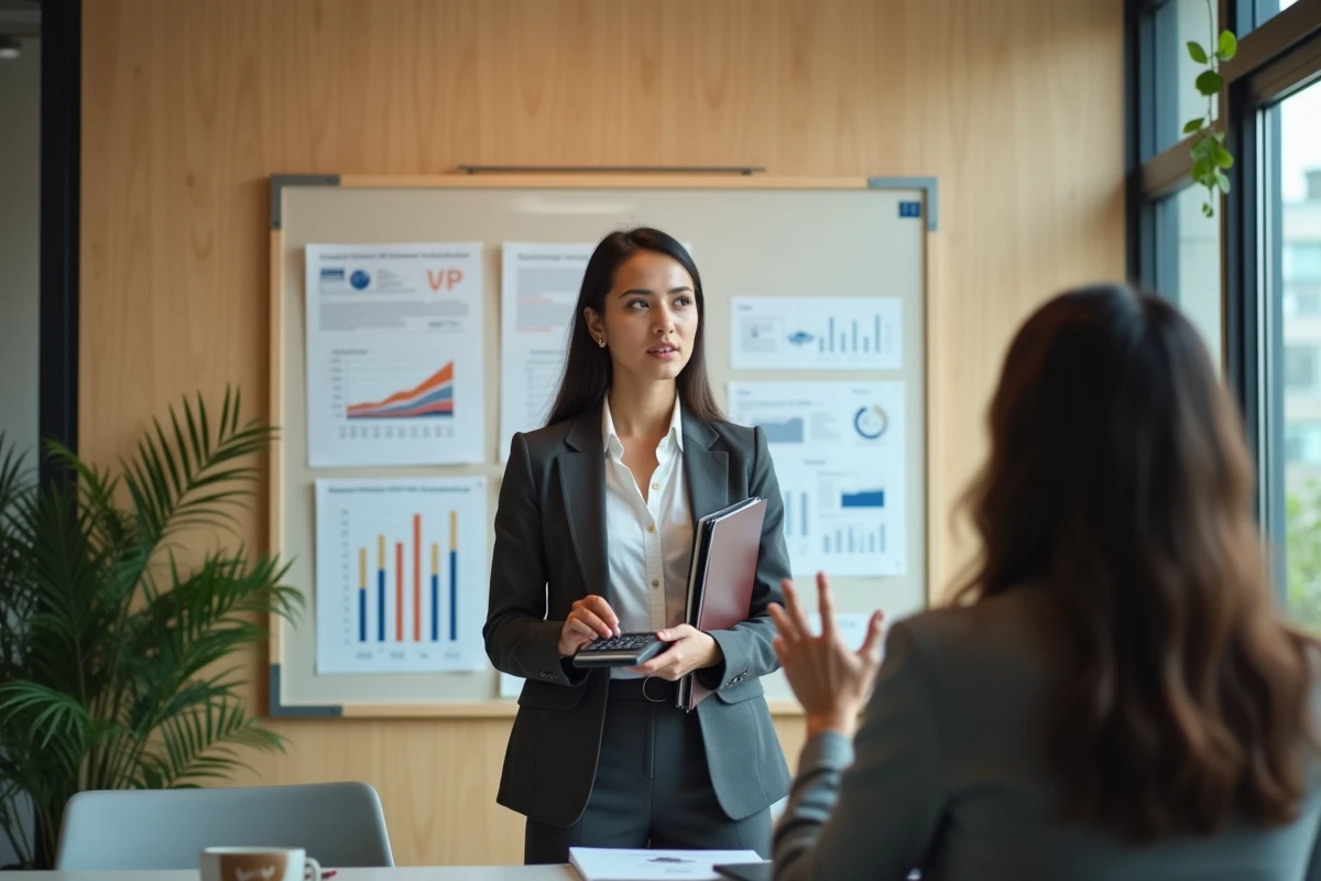 Femme en réunion avec graphiques financiers et collègue