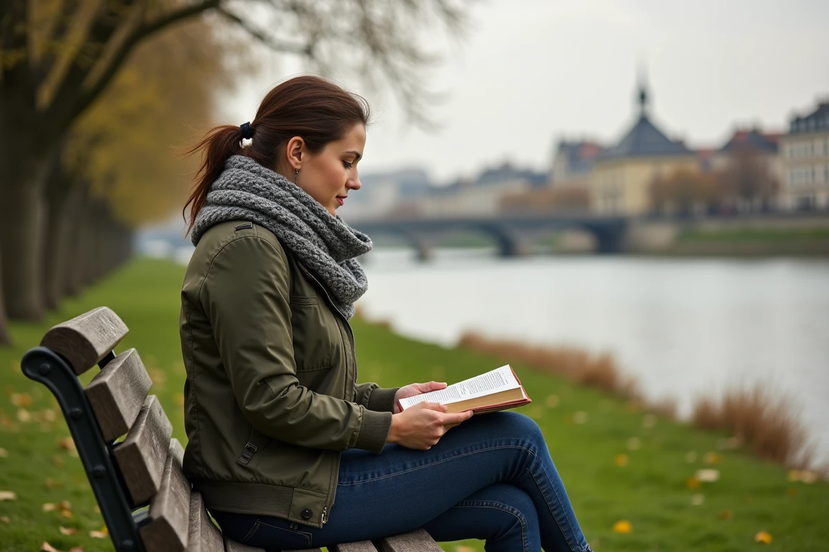 Jeune femme lisant dans un parc au bord de la rivière