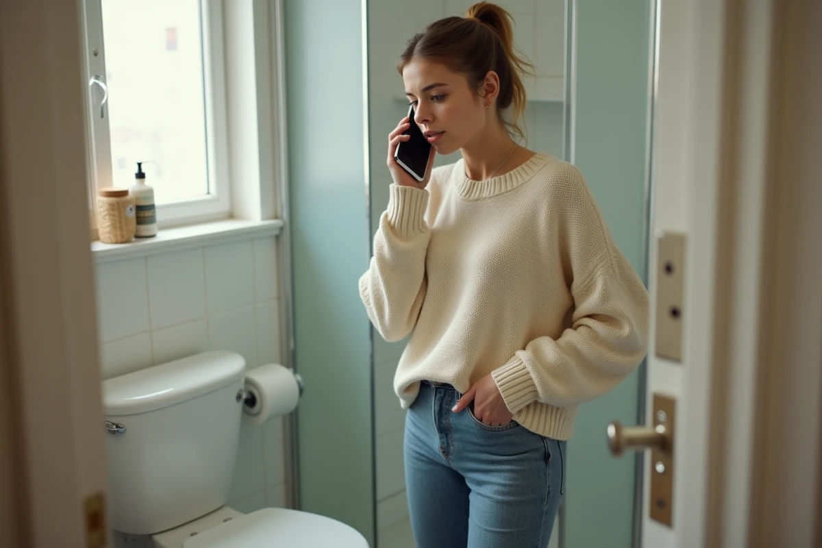 Jeune femme parlant au téléphone dans une salle de bain modeste