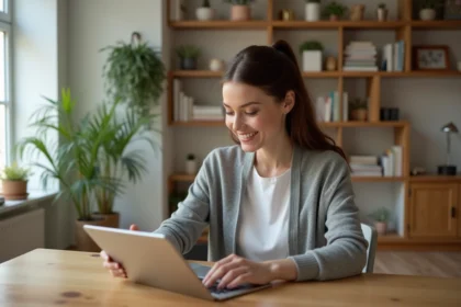 Jeune femme utilisant une tablette pour une visite virtuelle de maison