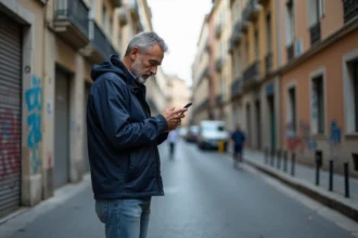 Homme d'âge moyen dans une rue de Nice vérifiant son téléphone