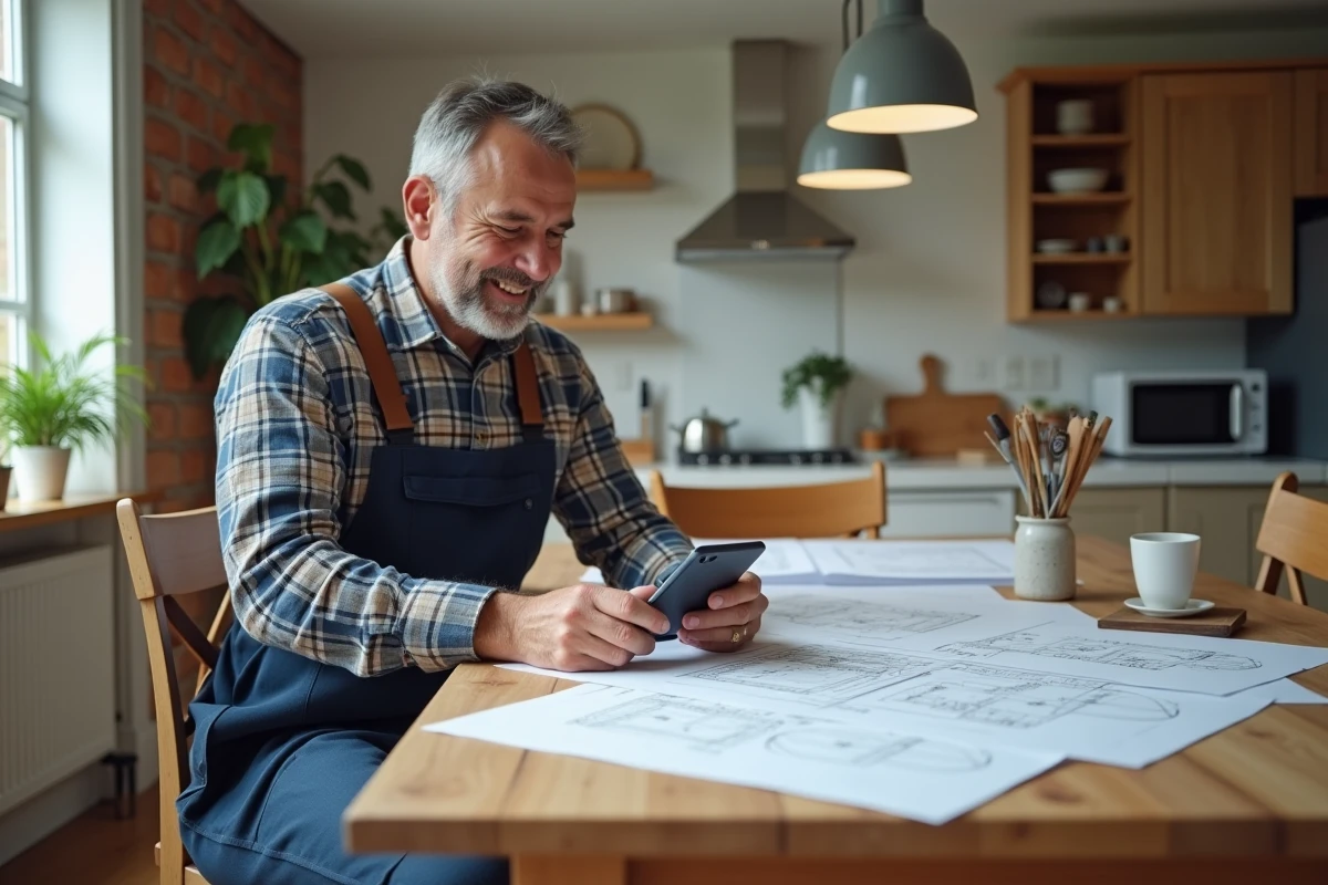 Homme entre des mesures dans une application sur smartphone dans la cuisine