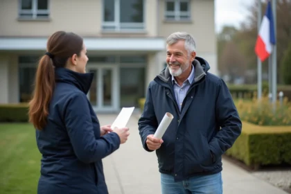 Homme d'âge moyen parlant avec un agent municipal devant la mairie