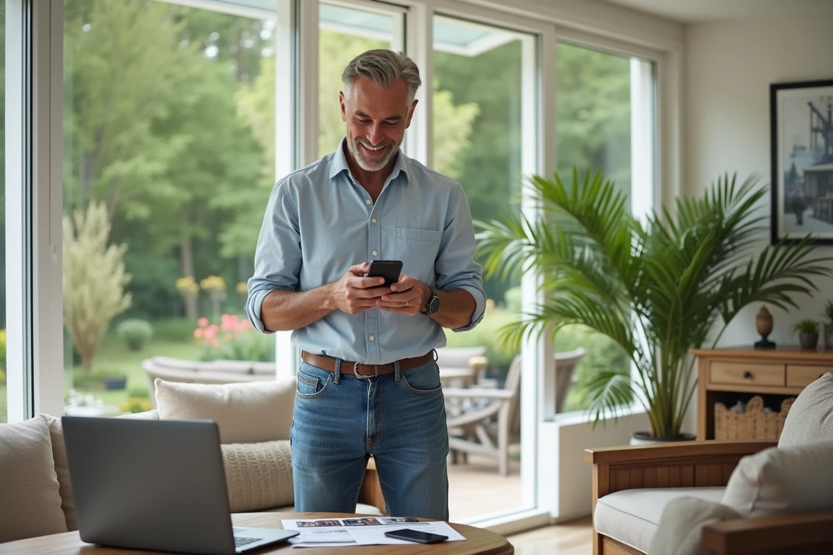 Homme en jean explorant une visite virtuelle dans une véranda lumineuse