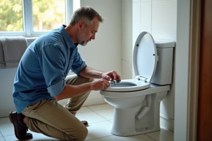 Homme inspectant un mécanisme de chasse d'eau moderne dans une salle de bain