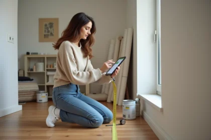 Jeune femme mesure un mur avec une règle digitale dans un appartement