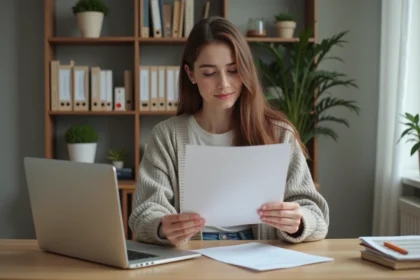 Jeune femme examine un document Visale à son bureau à domicile
