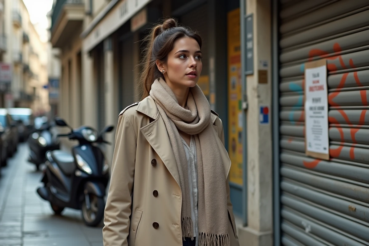 Jeune femme en trench marchant dans une rue de Nice