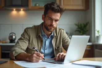 Jeune homme étudiant à la maison avec un ordinateur portable