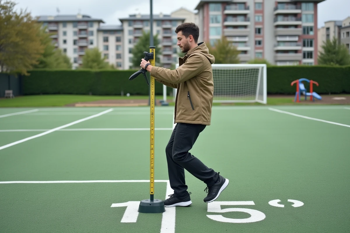Jeune homme mesurant un terrain de sport en extérieur
