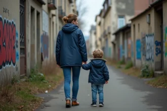 Mère inquiète avec son enfant dans un quartier abandonné de Montluçon