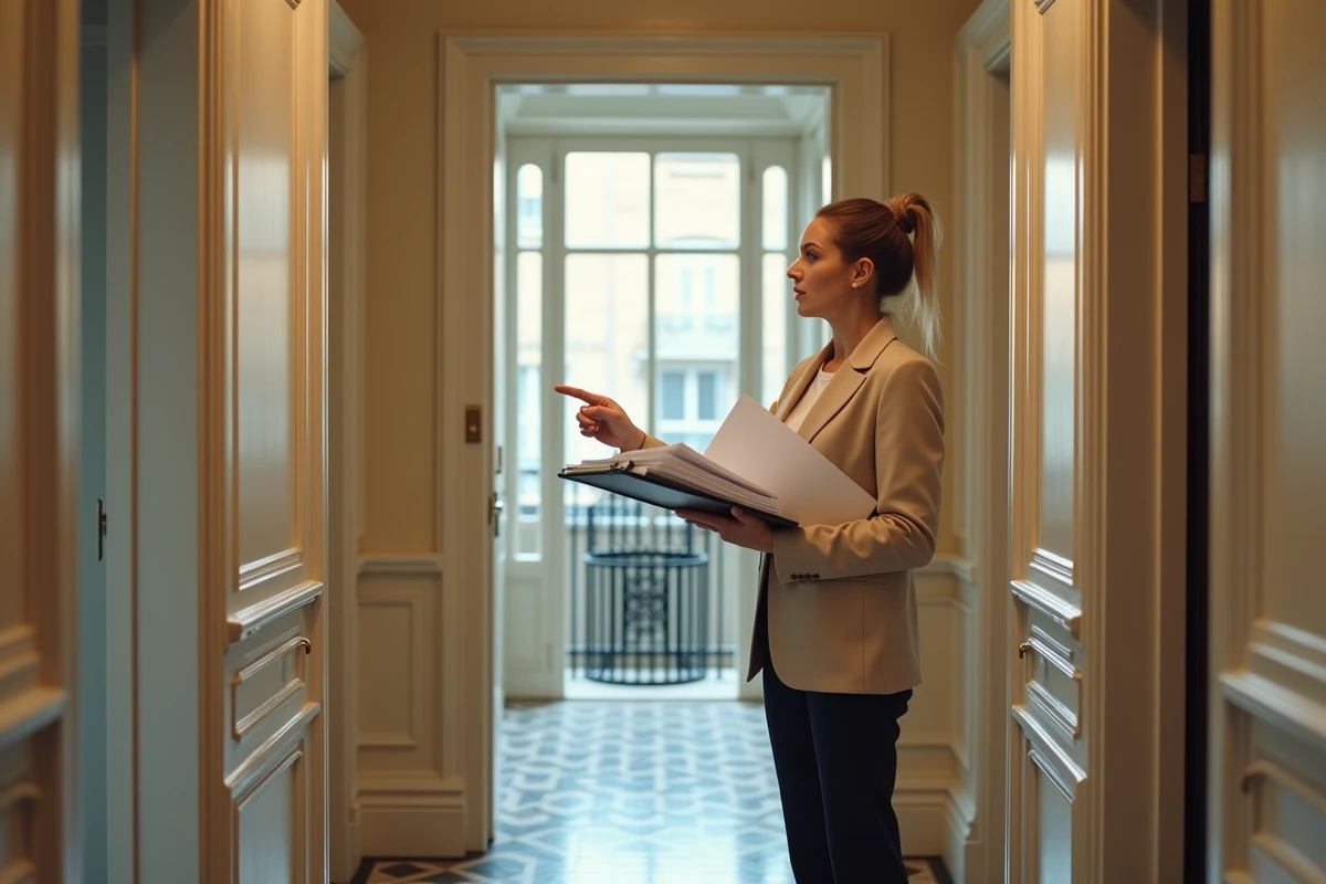 Agent immobilière présentant la différence entre un studio et une chambre de service dans un couloir haussmannien