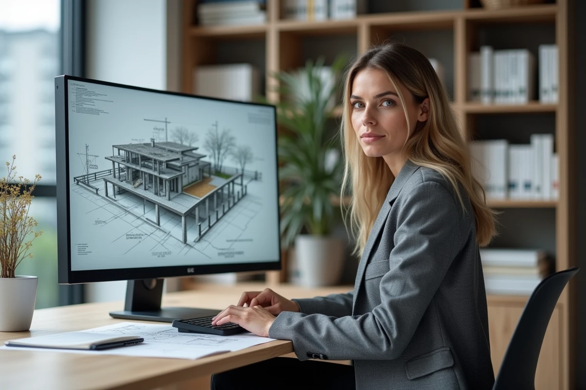 Architecte vérifiant un plan en coupe de construction sur ordinateur avec superposition des règles du PLU
