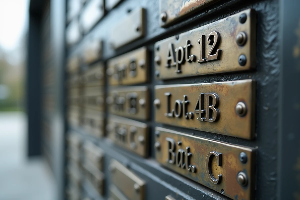 Boîtes aux lettres d'immeuble avec numéros d'appartement et abréviations gravées sur plaques métalliques